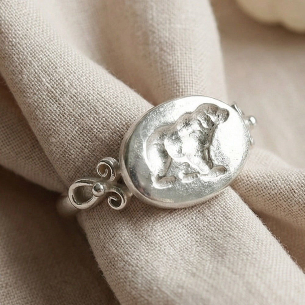  Grizzly bear coin ring on hand, unique artisan jewelry, Bodrum atelier