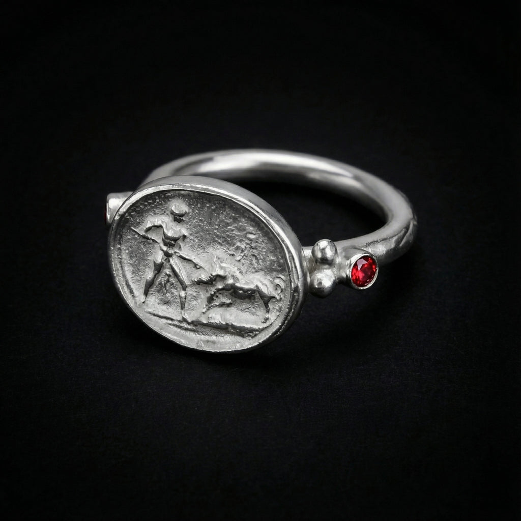  Lion hunter ring on hand, unique artisan jewelry, Bodrum atelier
