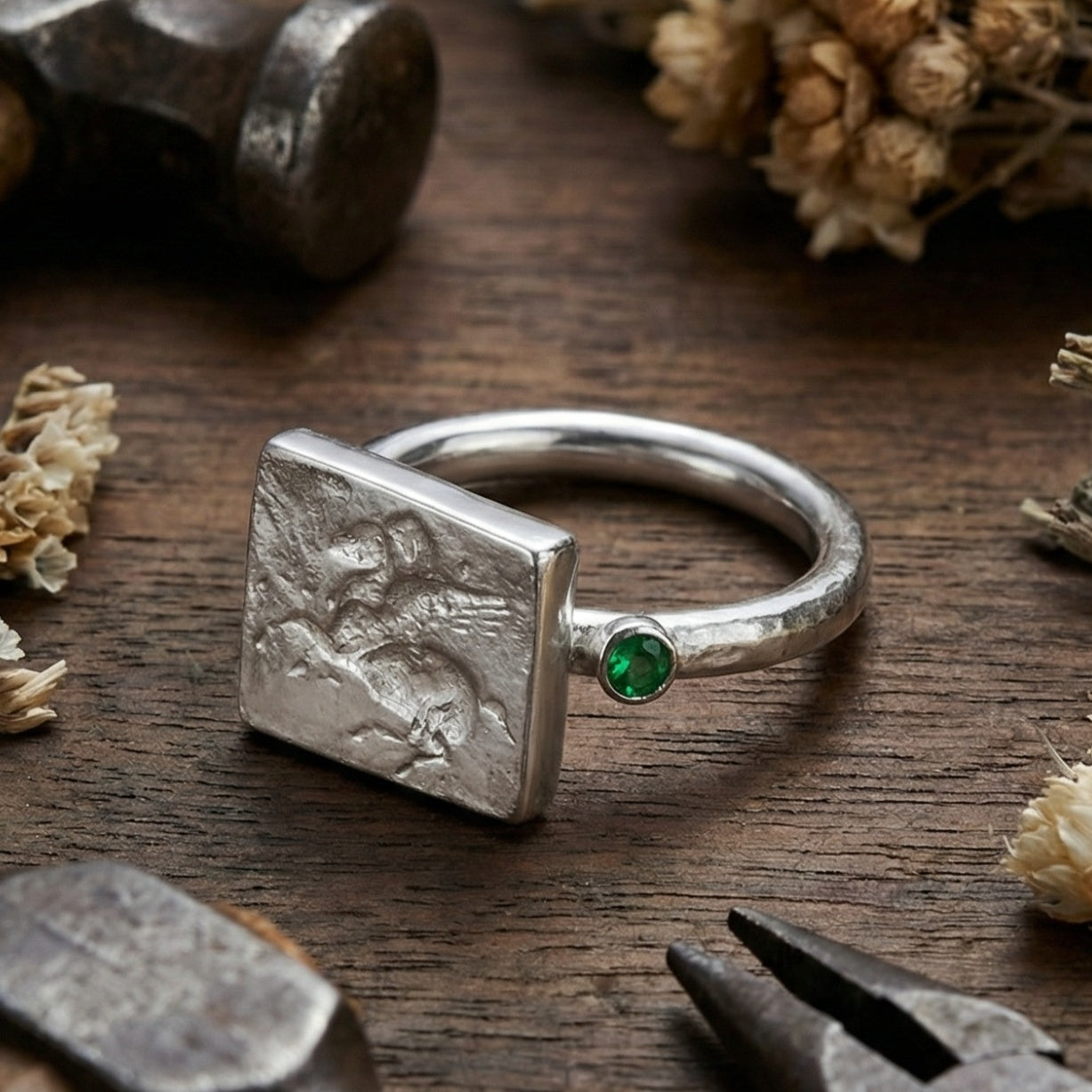 Sterling silver Pegasus ring with green jade, 925 silver, prosperity symbol
