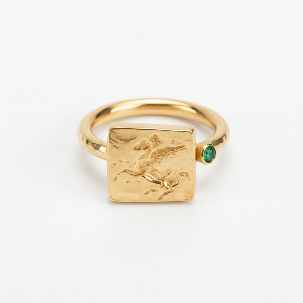 Pegasus jade ring on hand, unique artisan jewelry, Bodrum atelier