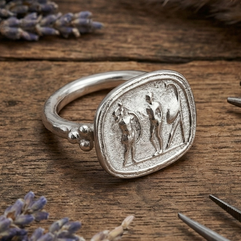 Sterling silver Roman coin ring detail, 925 silver, artisan craftsmanship