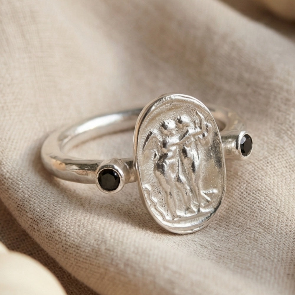 Sterling silver black onyx ring, ancient history design, 925 silver