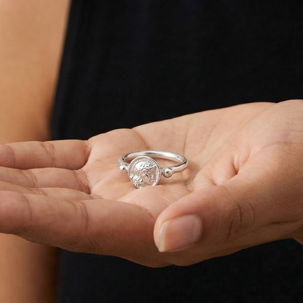 Designer Alexander coin ring detail, ancient style, 925 silver