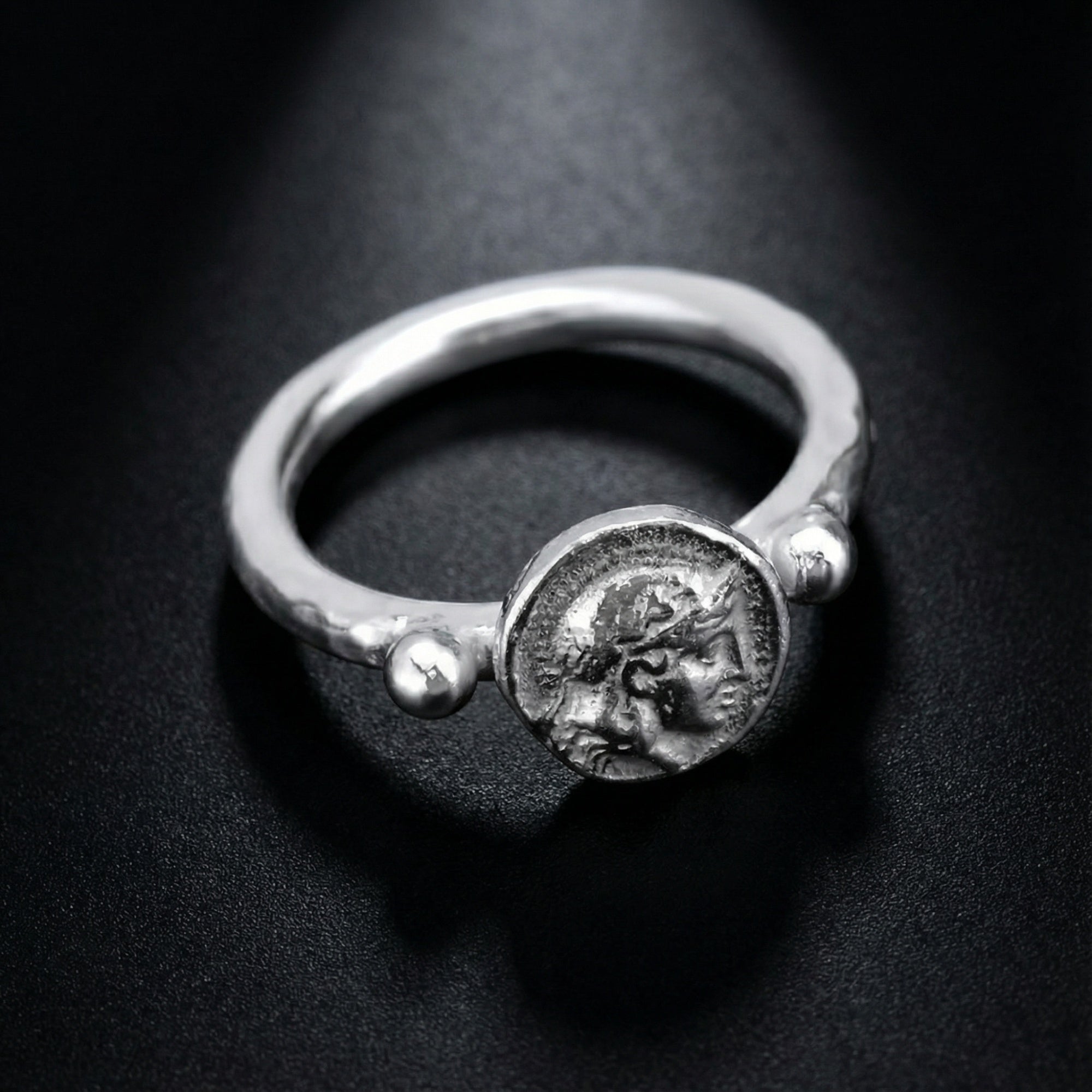 Alexander coin ring on hand, handcrafted by Sultan, Turkish jewelry