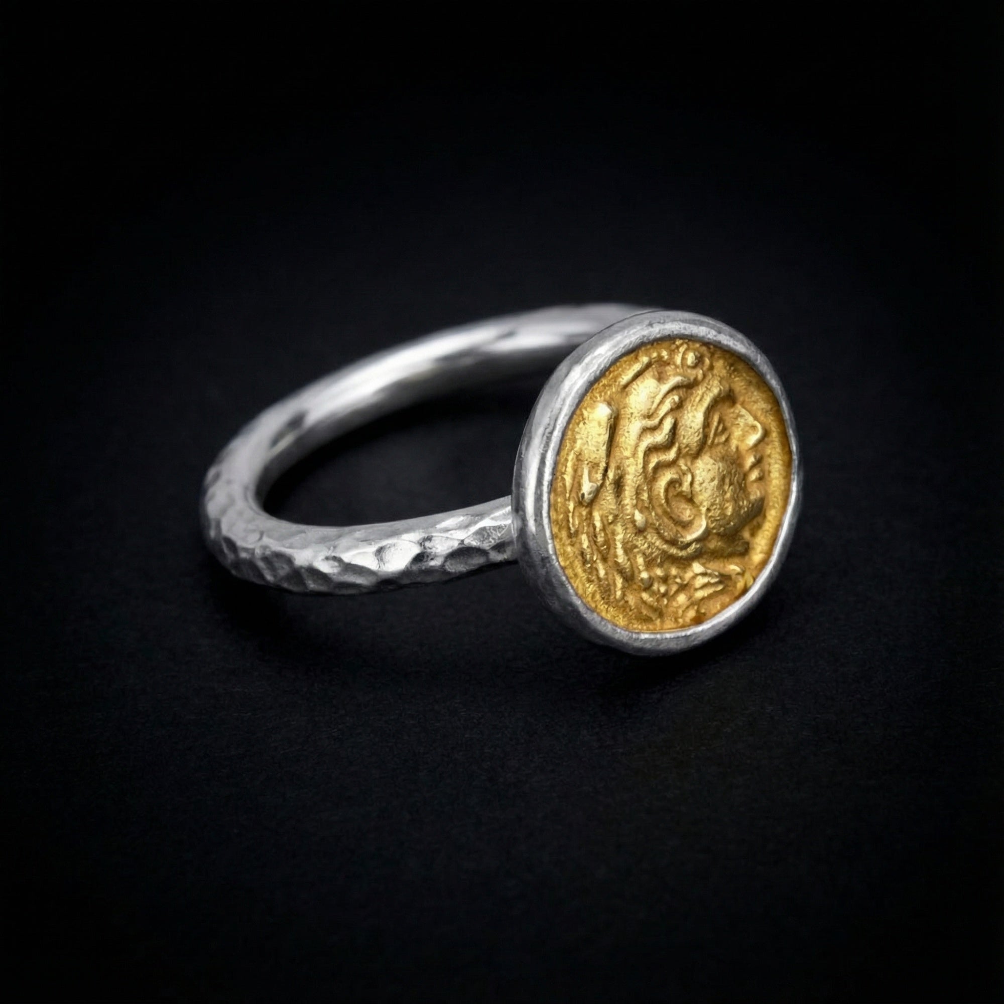 Roman coin ring on hand, unique artisan jewelry by Sultan, Bodrum atelier
