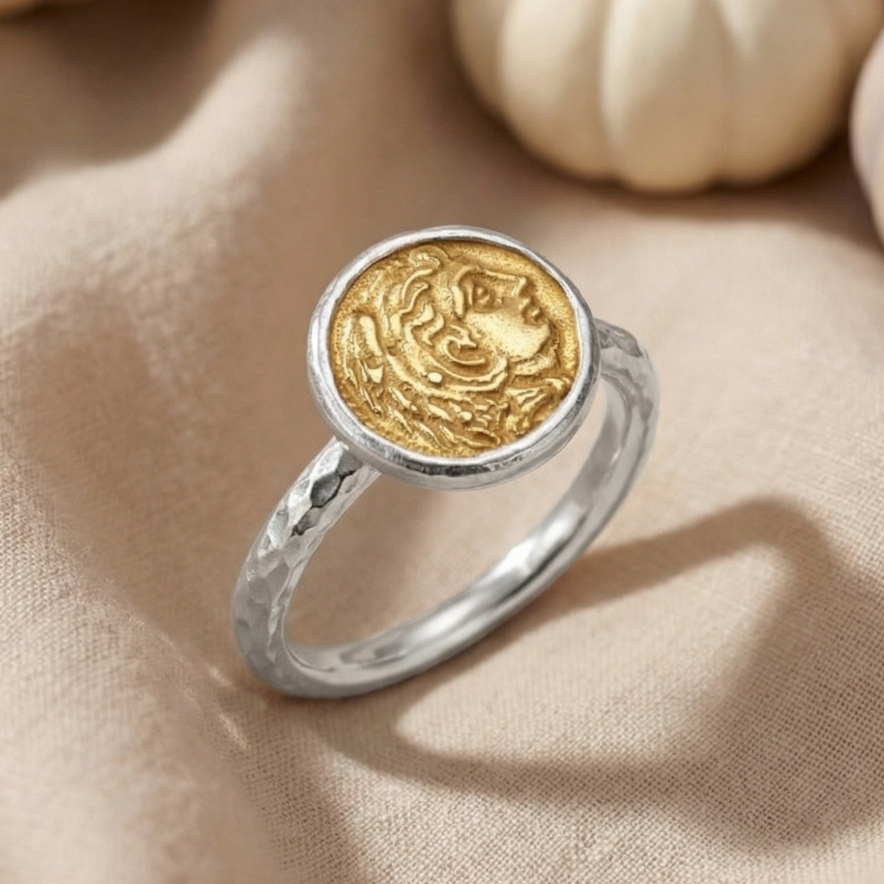 Designer Roman coin ring, handcrafted statement jewelry, 925 silver
