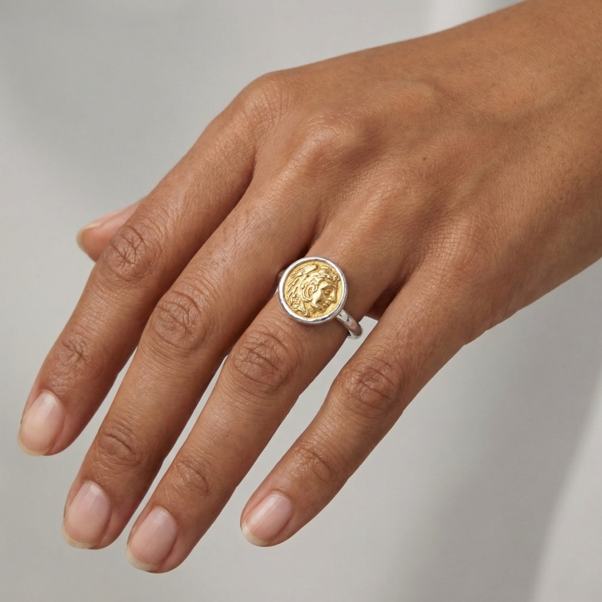 Turkish Roman coin ring detail, artisan jewelry, ancient wisdom symbol