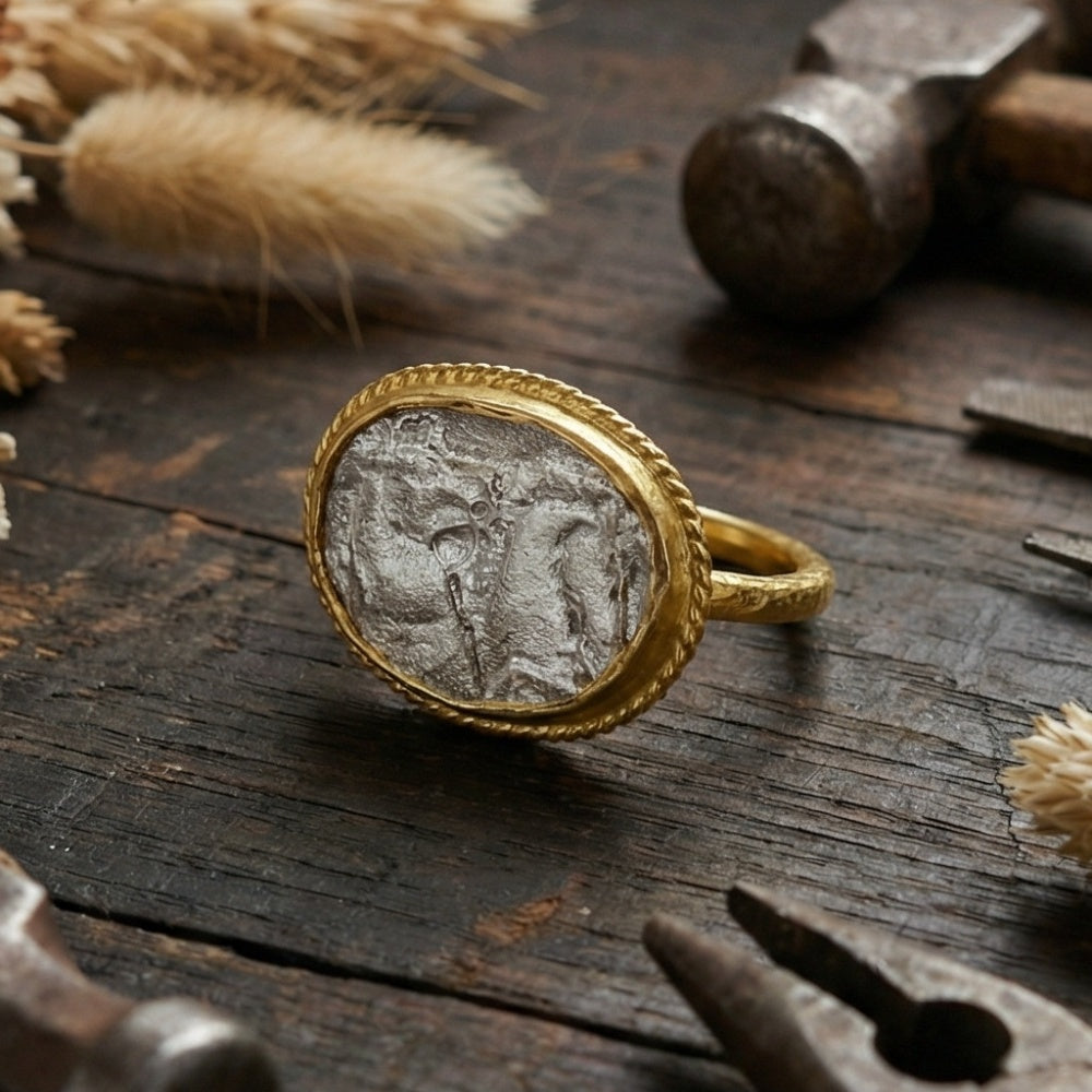 Artisan American mustang ring with hammered texture, handmade by Sultan in Bodrum, Turkish designer jewelry celebrating wild spirit with 925 silver