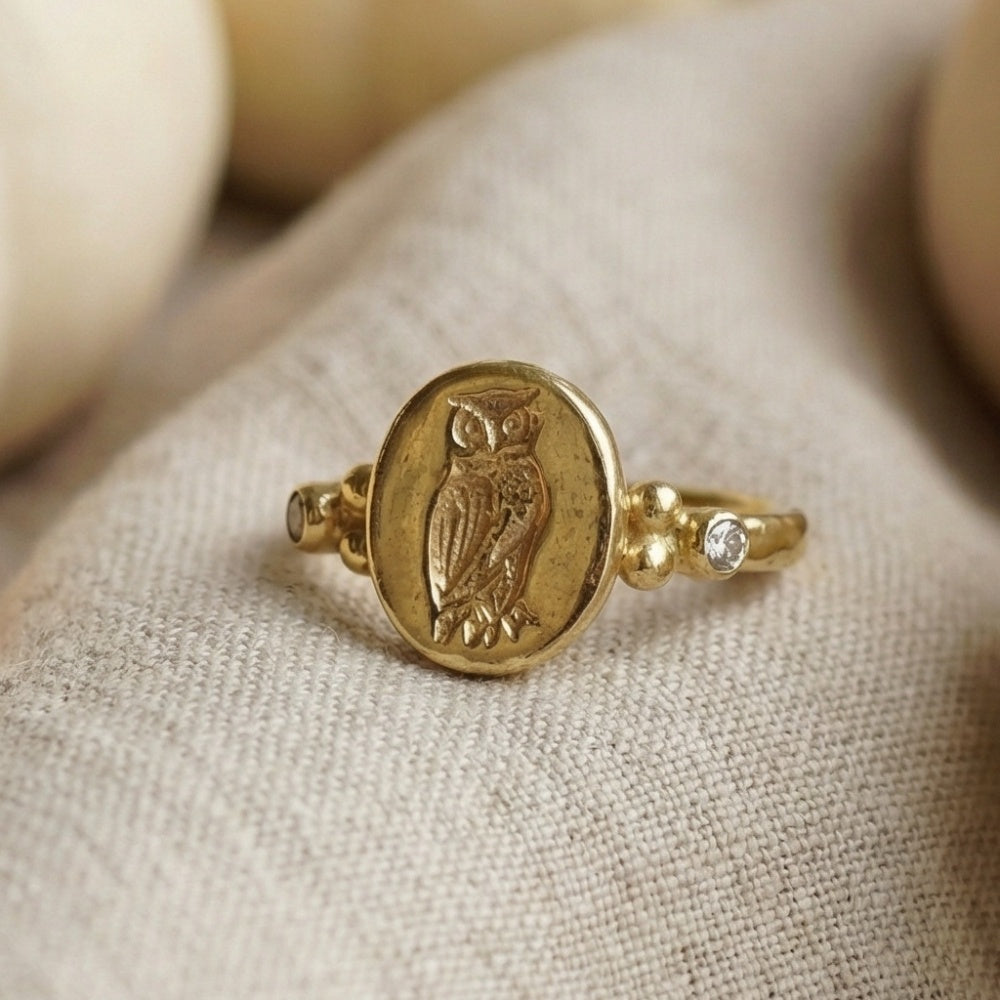  Turkish handmade owl ring with hammered finish, Mediterranean art-inspired jewelry gift