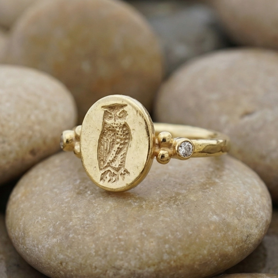 Hammered owl ring close-up showing ancient coin reproduction, handcrafted 925 silver artisan jewelry