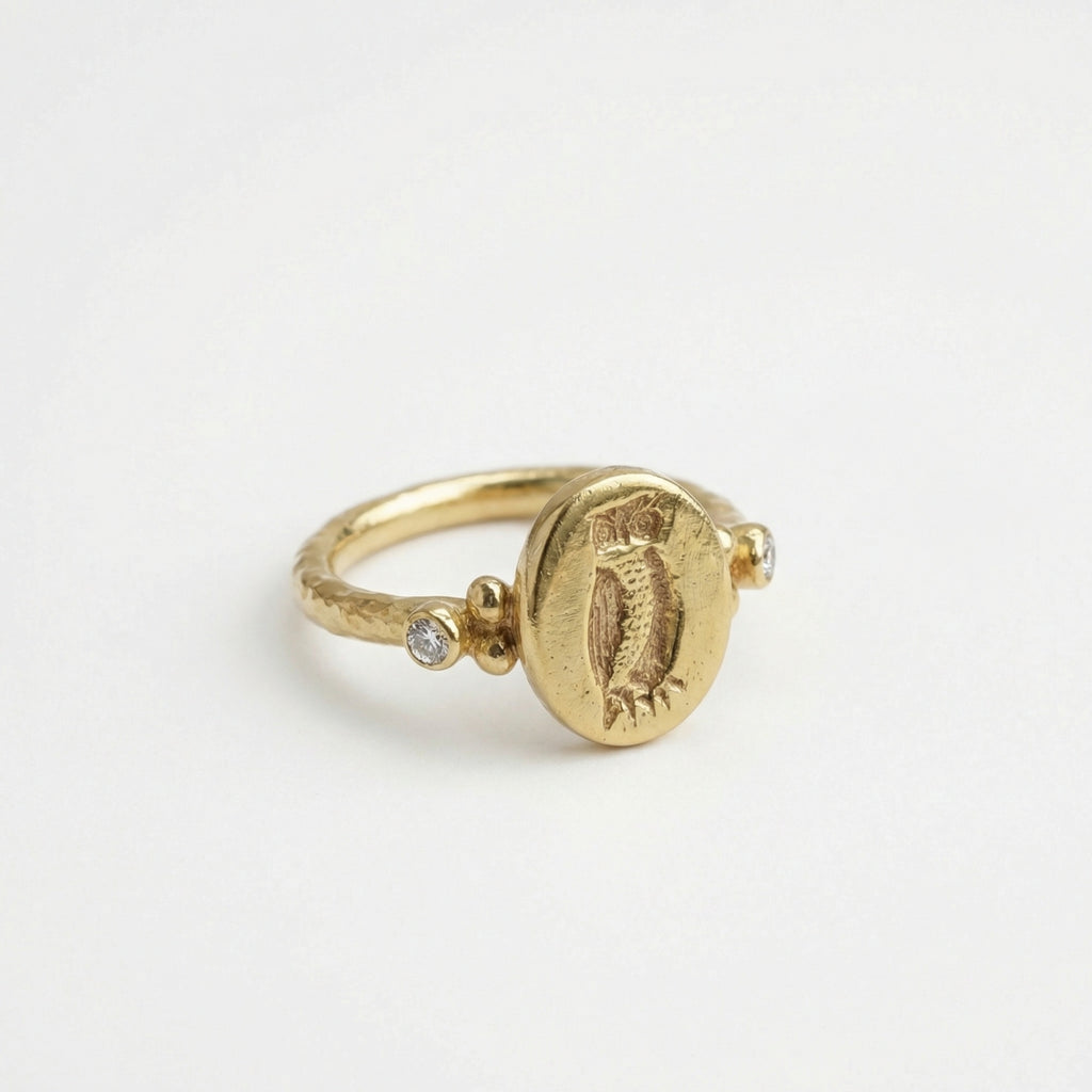 Handcrafted gold owl coin ring with white topaz stone, 925 sterling silver, Turkish artisan jewelry by Sultan