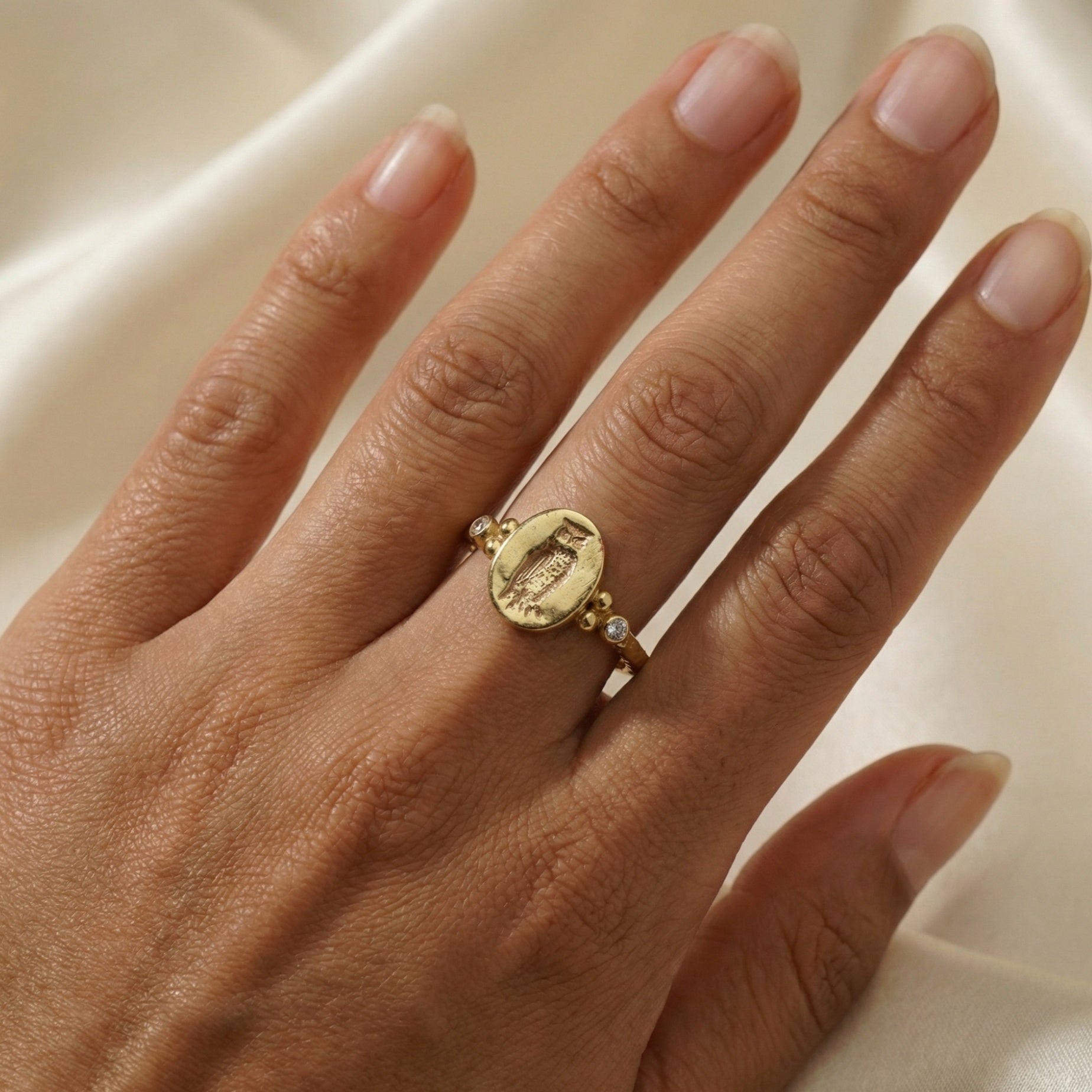 Ancient Athens-inspired owl ring with white topaz, symbol of wisdom and knowledge, handmade in Bodrum