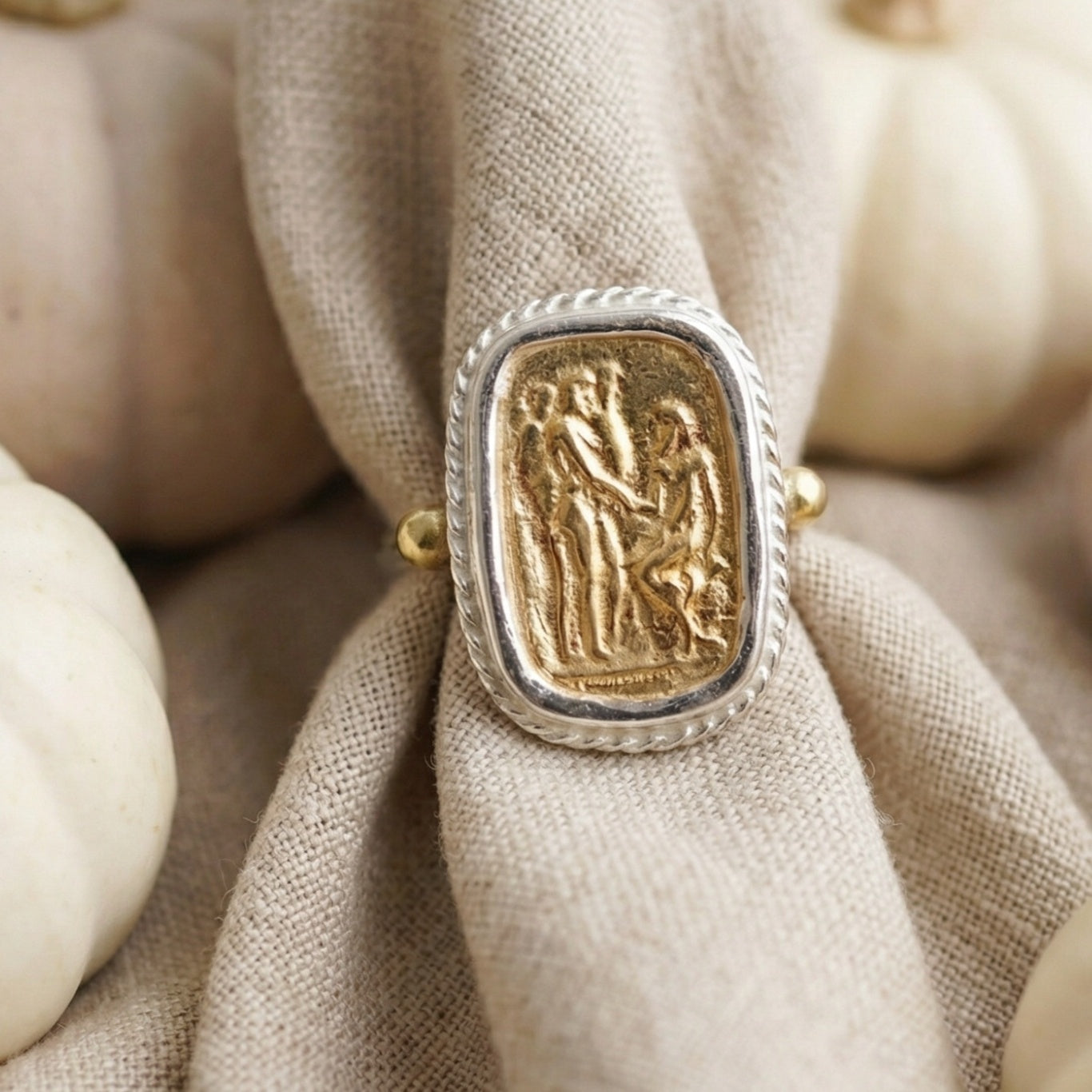Gold-plated Turkish coin ring on hand, 925 sterling silver, timeless Turkish jewelry by designer Sultan