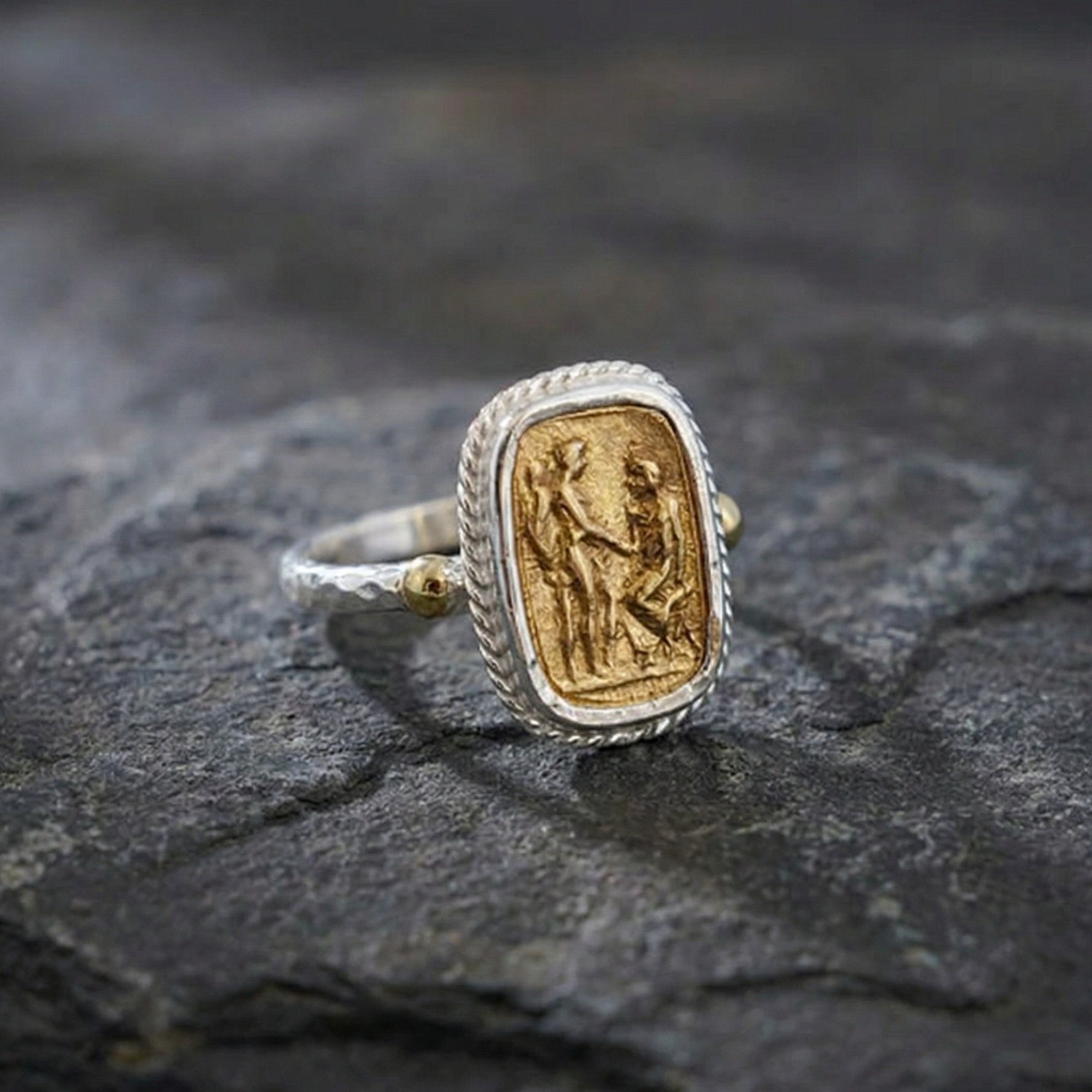 Designer Turkish coin ring detail showing 925 silver craftsmanship and gold plating, unique artisan design