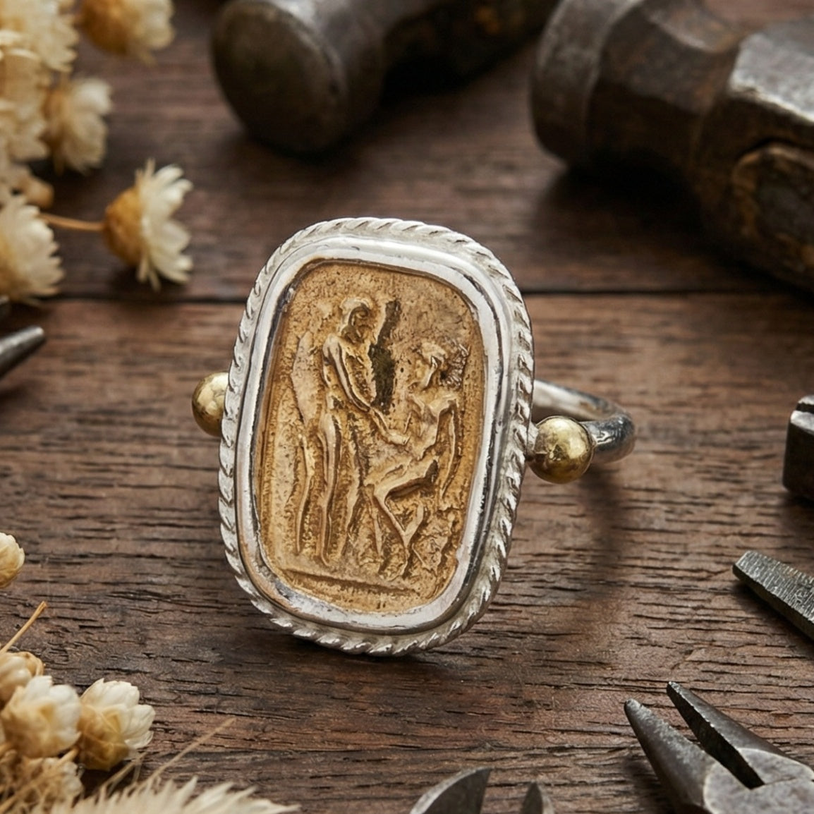 Turkish handmade coin ring with adjustable band, Byzantine art-inspired jewelry gift