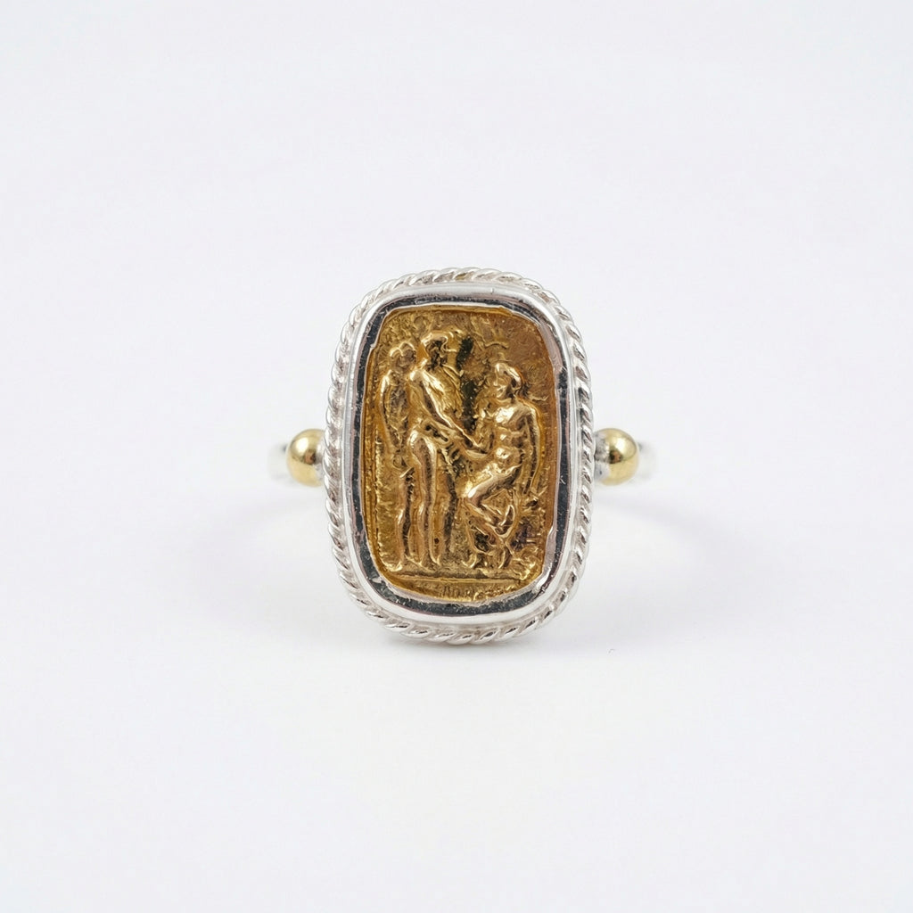 Handcrafted gold Turkish coin ring with Byzantine design, 925 sterling silver, Turkish artisan jewelry by Sultan