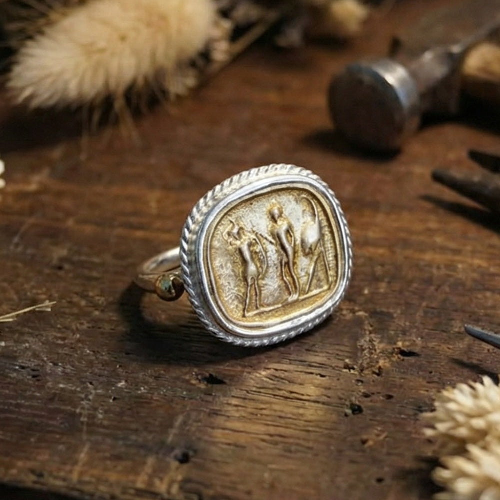 925 sterling silver Roman coin ring, gold plating, authentic Turkish craftsmanship
