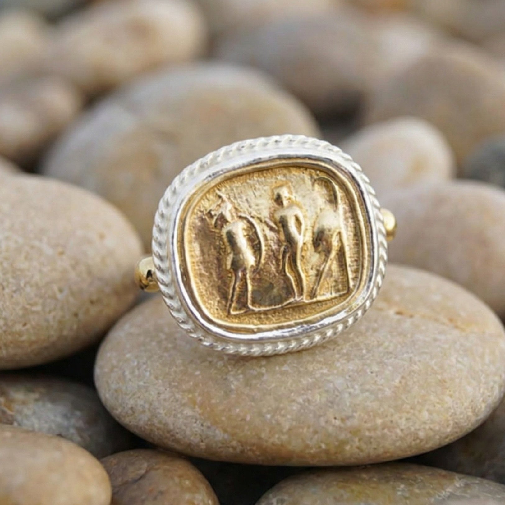 Ancient Roman coin ring on hand, artisan jewelry from Bodrum atelier