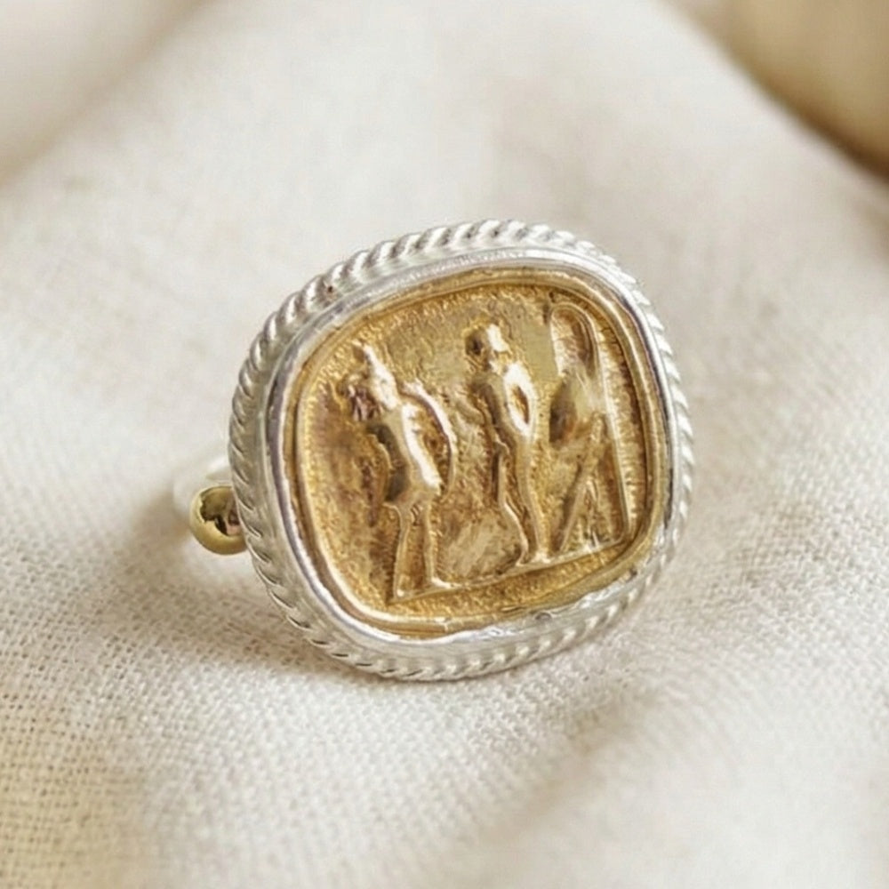 Designer Roman coin ring detail, gold plated 925 silver, handcrafted statement jewelry by Turkish artisan
