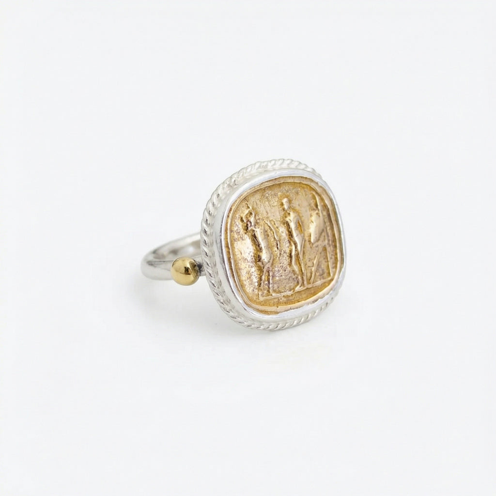 Handmade gold Roman coin ring by Sultan, 925 sterling silver with ancient design, Bodrum artisan jewelry
