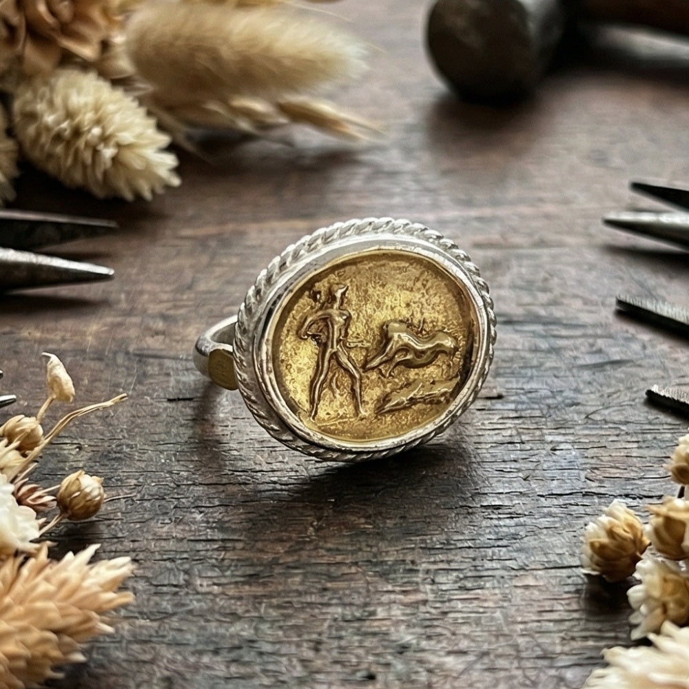 Designer ancient warrior ring, 925 silver, handcrafted statement jewelry by Turkish artisan
