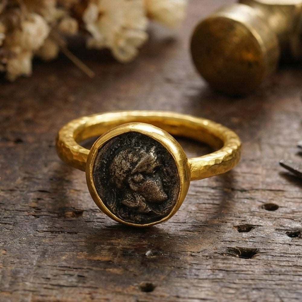Alexander coin ring on hand, handcrafted by Sultan Yılmaz, Turkish jewelry