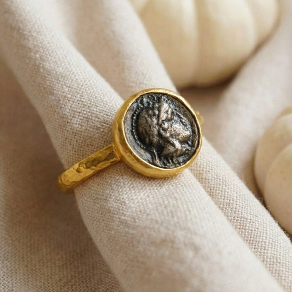 Ancient Alexander coin ring close-up, unique heritage design, Bodrum