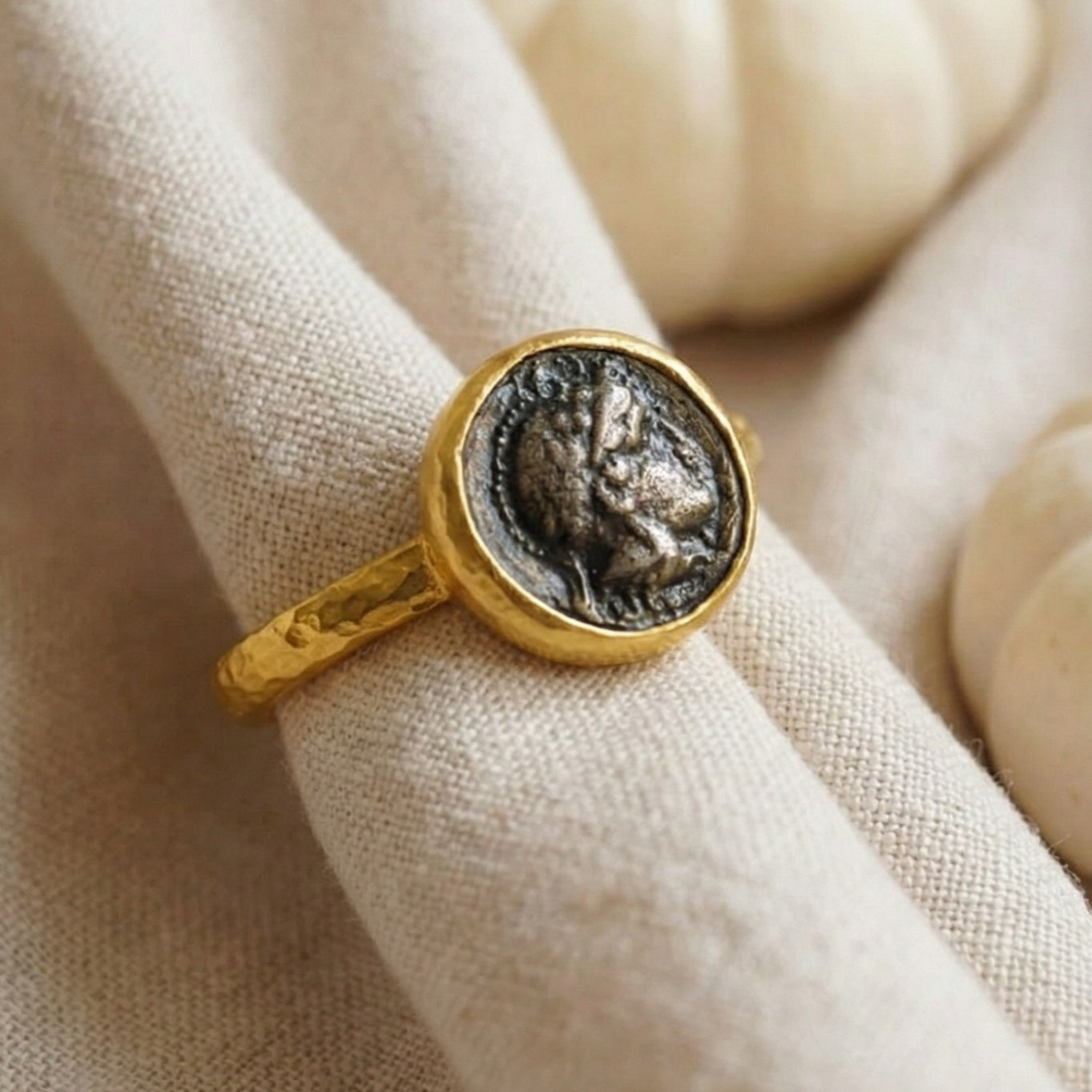 Ancient Alexander coin ring close-up, unique heritage design, Bodrum
