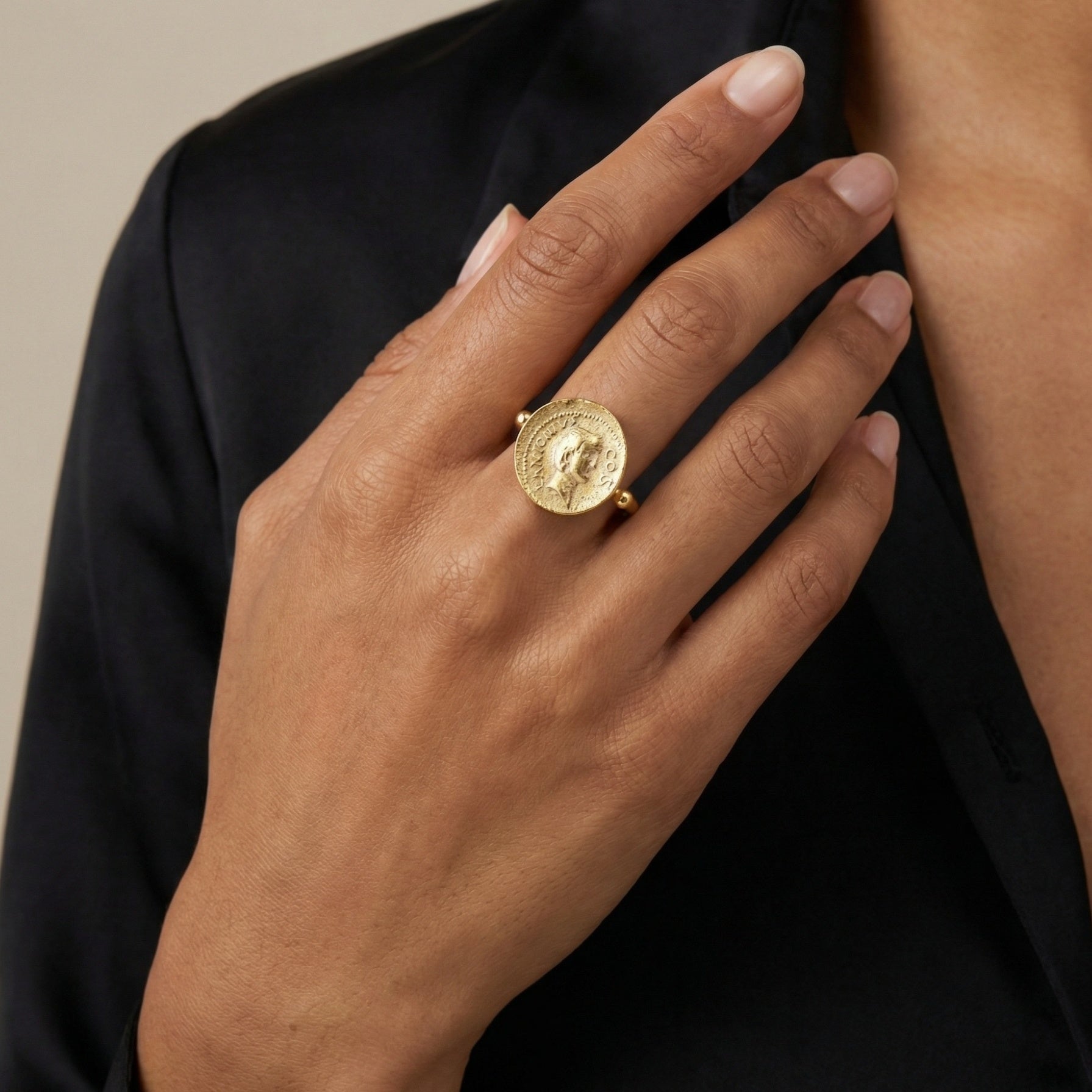 Turkish bronze coin ring detail, artisan jewelry from Bodrum, prosperity symbol