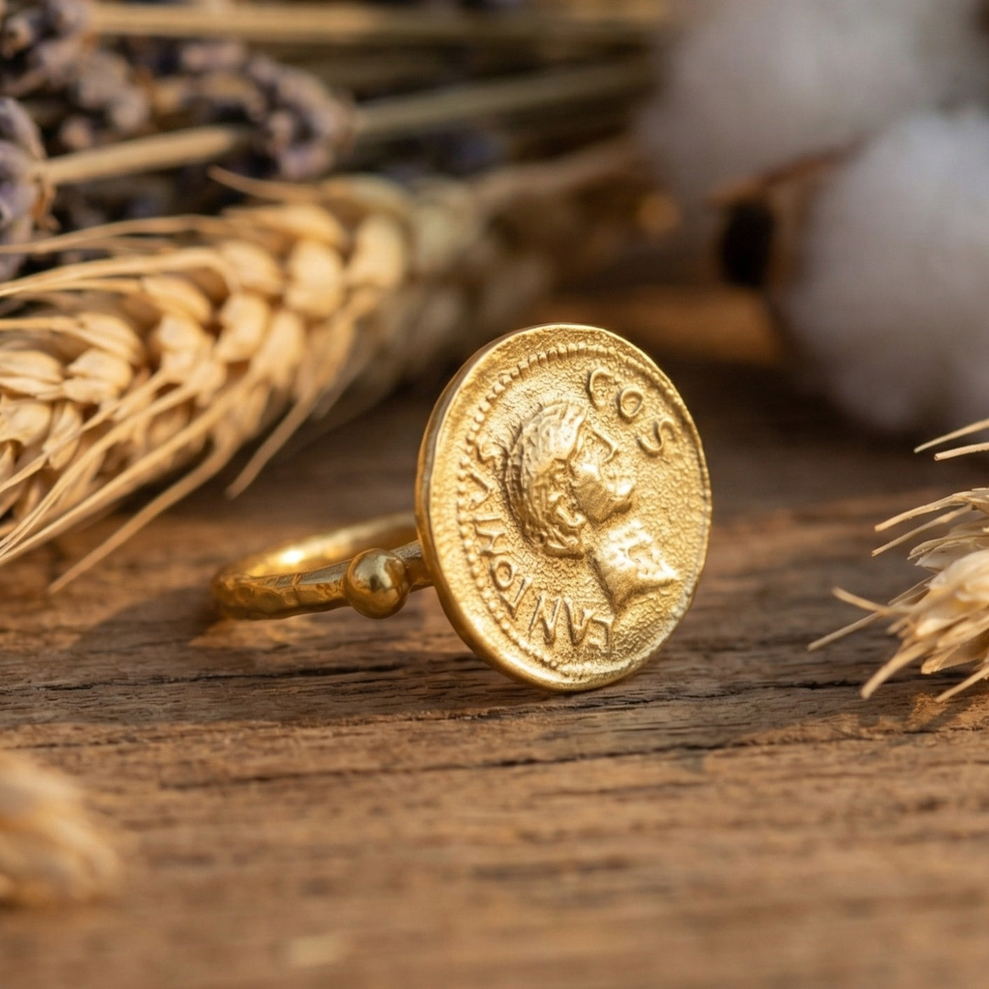 Artisan bronze coin ring on hand, handcrafted Turkish Anatolian jewelry