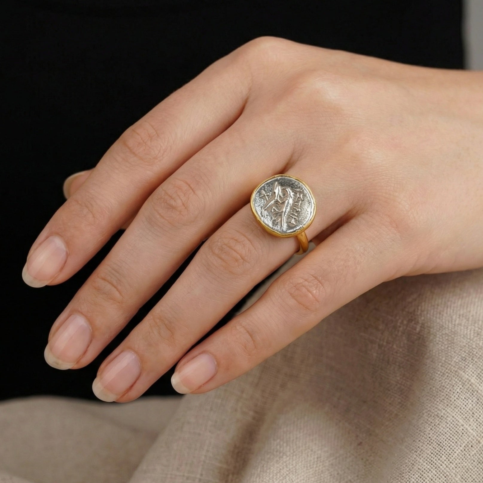 Turkish Roman coin ring detail, artisan jewelry from Bodrum atelier