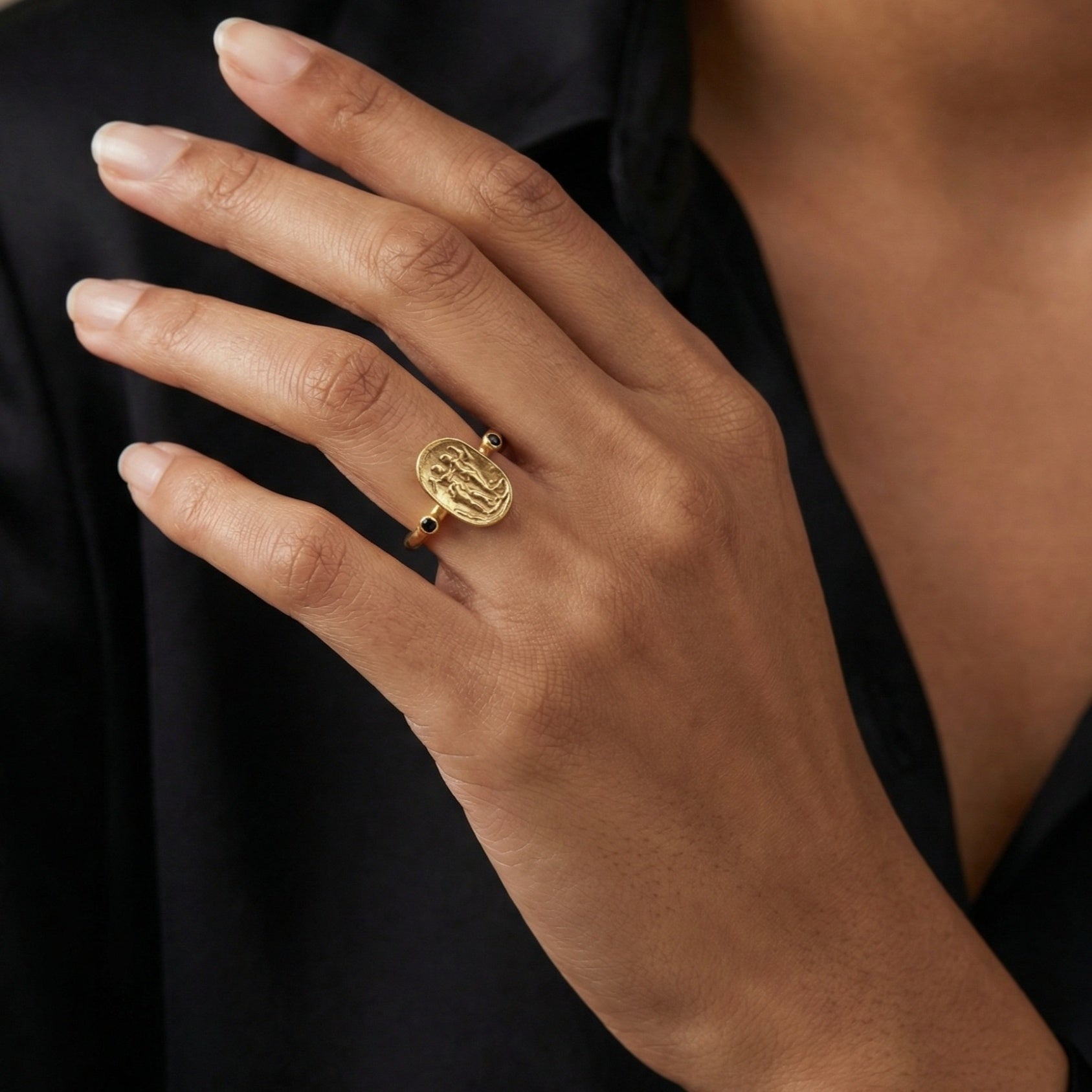 Turkish black onyx ring detail, artisan jewelry from Bodrum, protection symbol