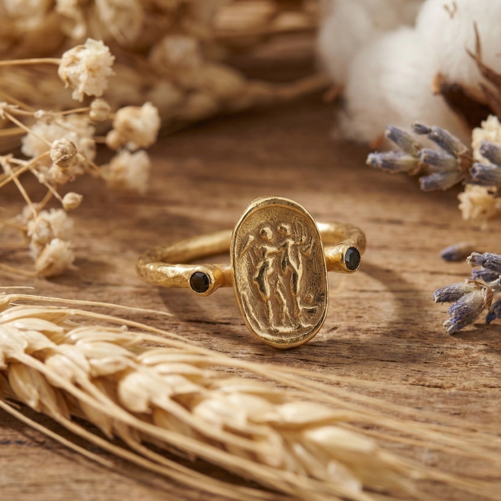 Ancient Roman coin ring with black onyx, designer jewelry by Sultan Yılmaz