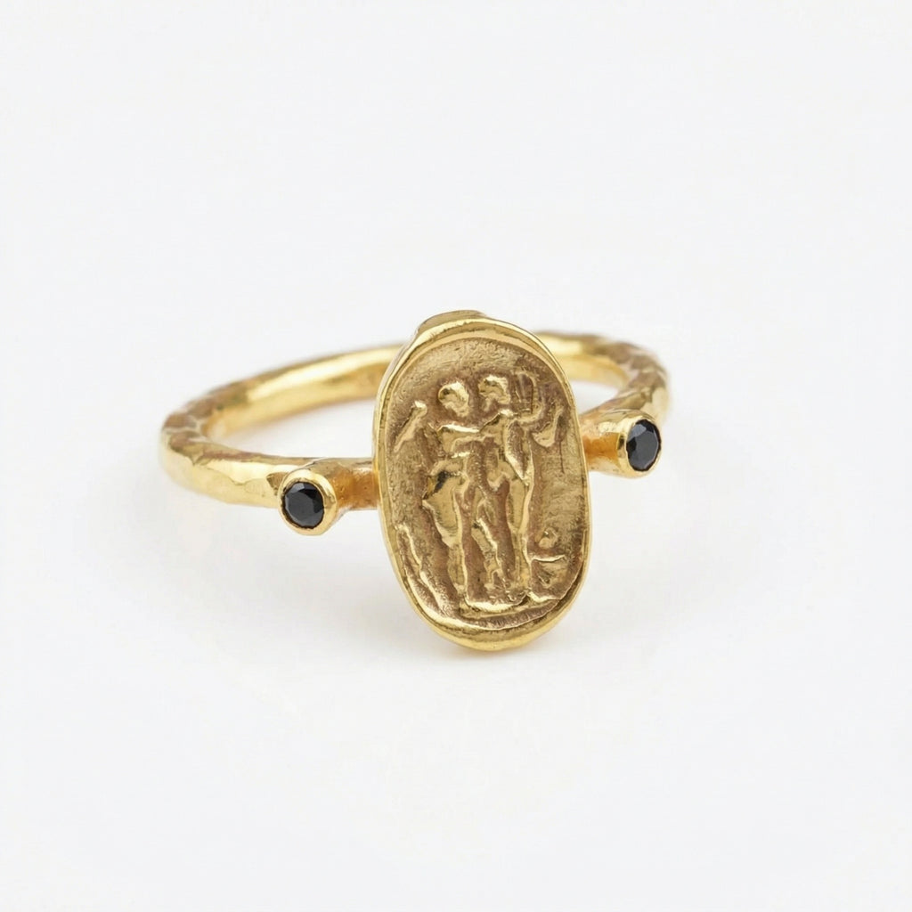 Handmade black onyx coin ring by Sultan, 925 sterling silver, Roman design