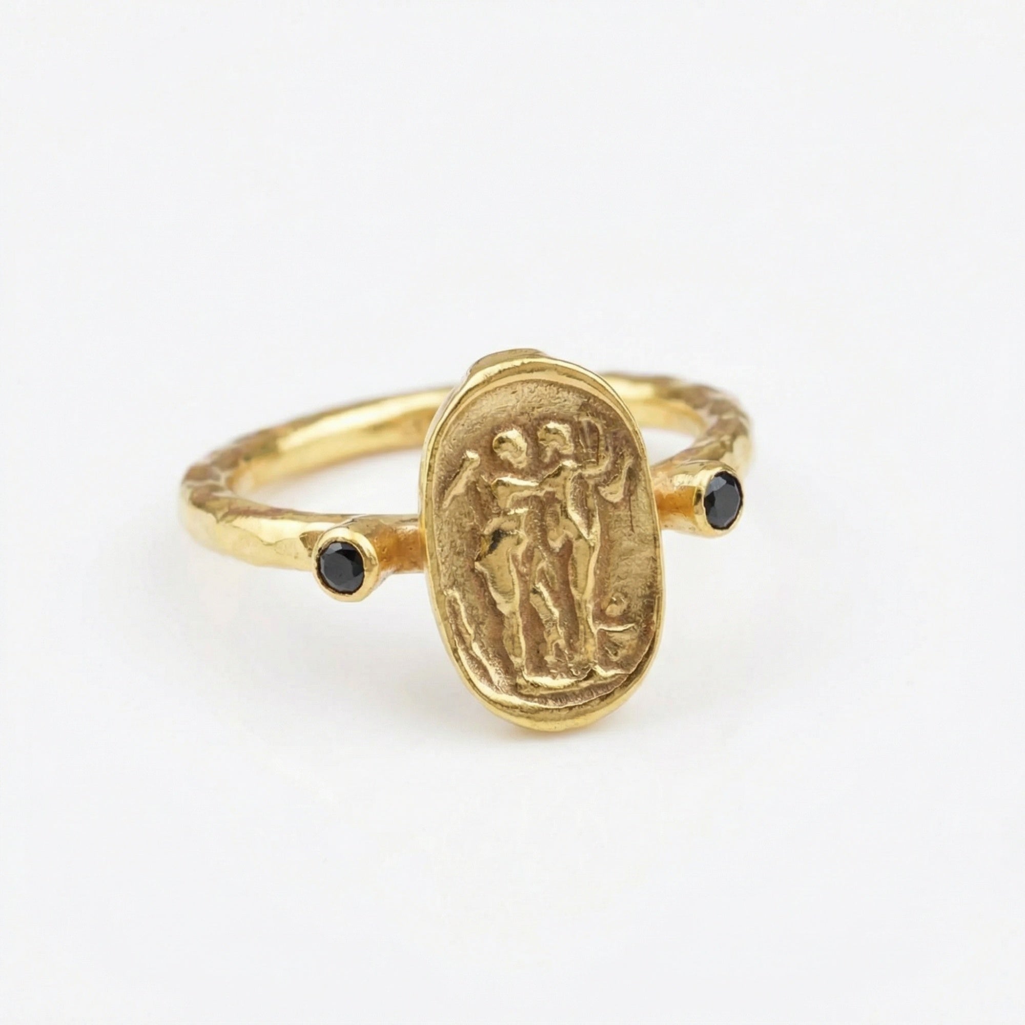 Handmade black onyx coin ring by Sultan, 925 sterling silver, Roman design