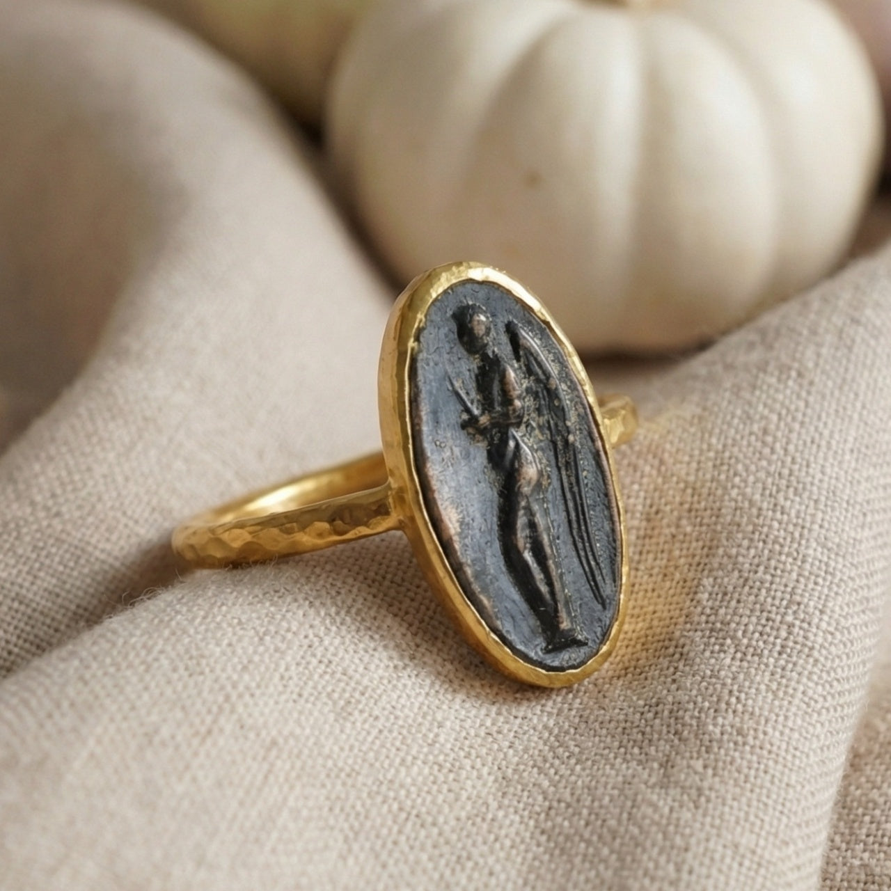  Designer angel coin ring detail showing 925 silver craftsmanship and gold plating, unique artisan design