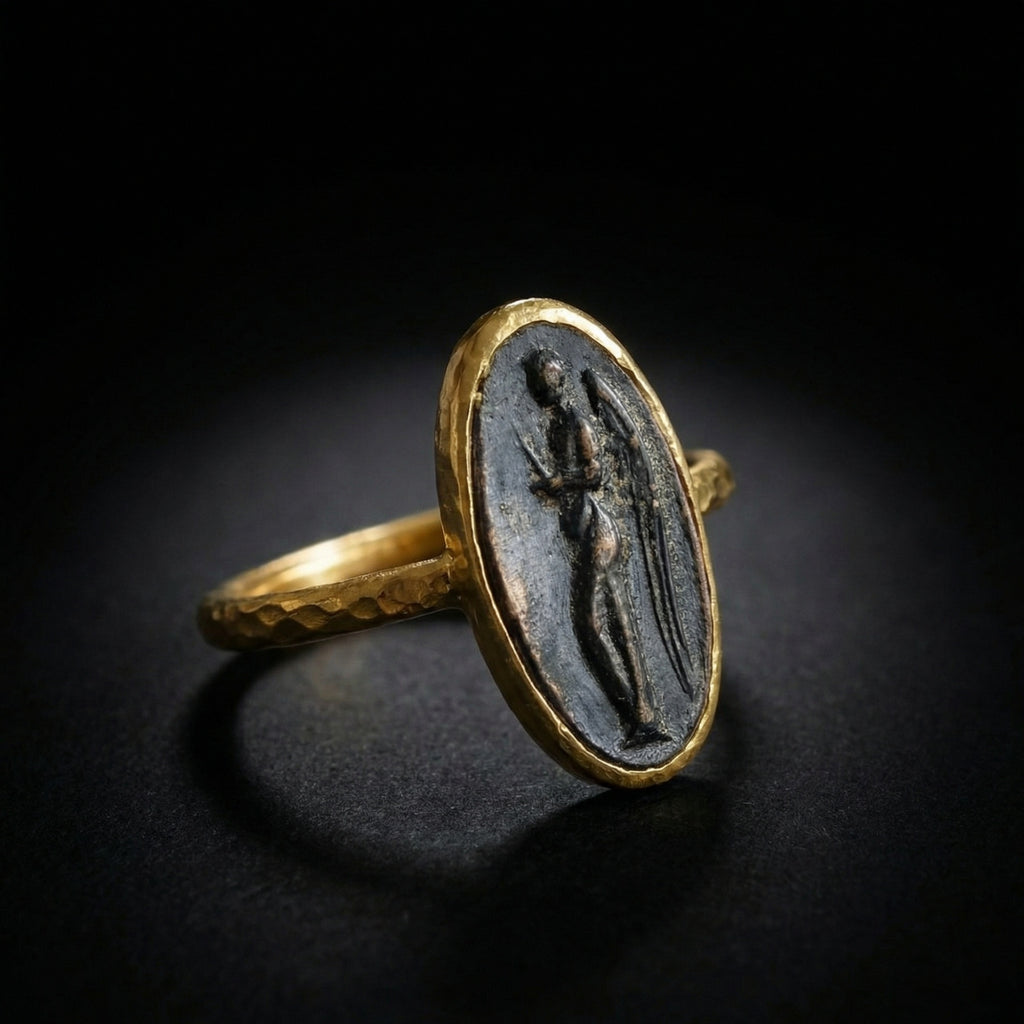 Turkish handmade angel ring with guardian angel motif, Anatolian art-inspired jewelry gift