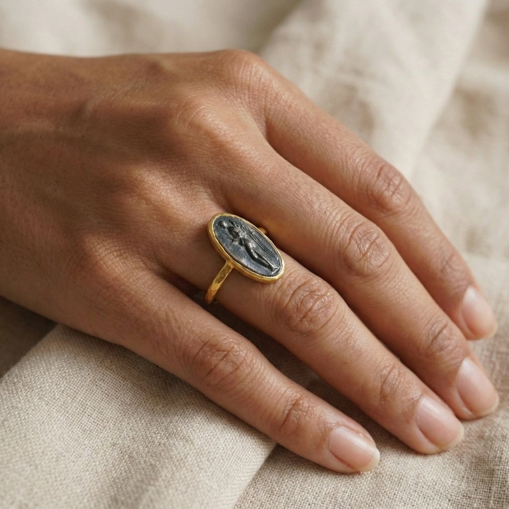 Ancient Roman-inspired angel ring with bronze coin, symbol of protection and faith, handmade in Bodrum