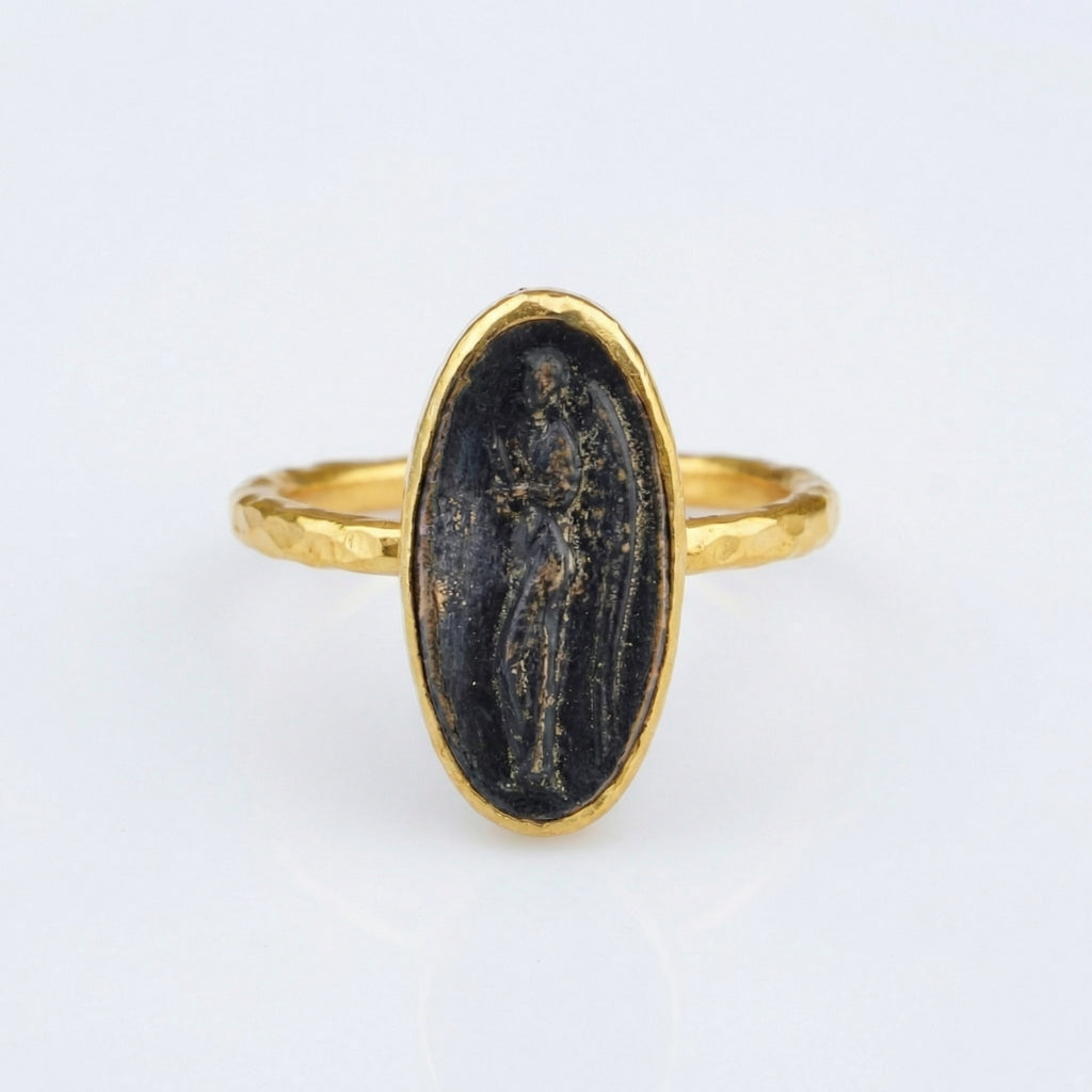 Handcrafted gold angel coin ring with guardian motif, 925 sterling silver, Turkish artisan jewelry by Sultan