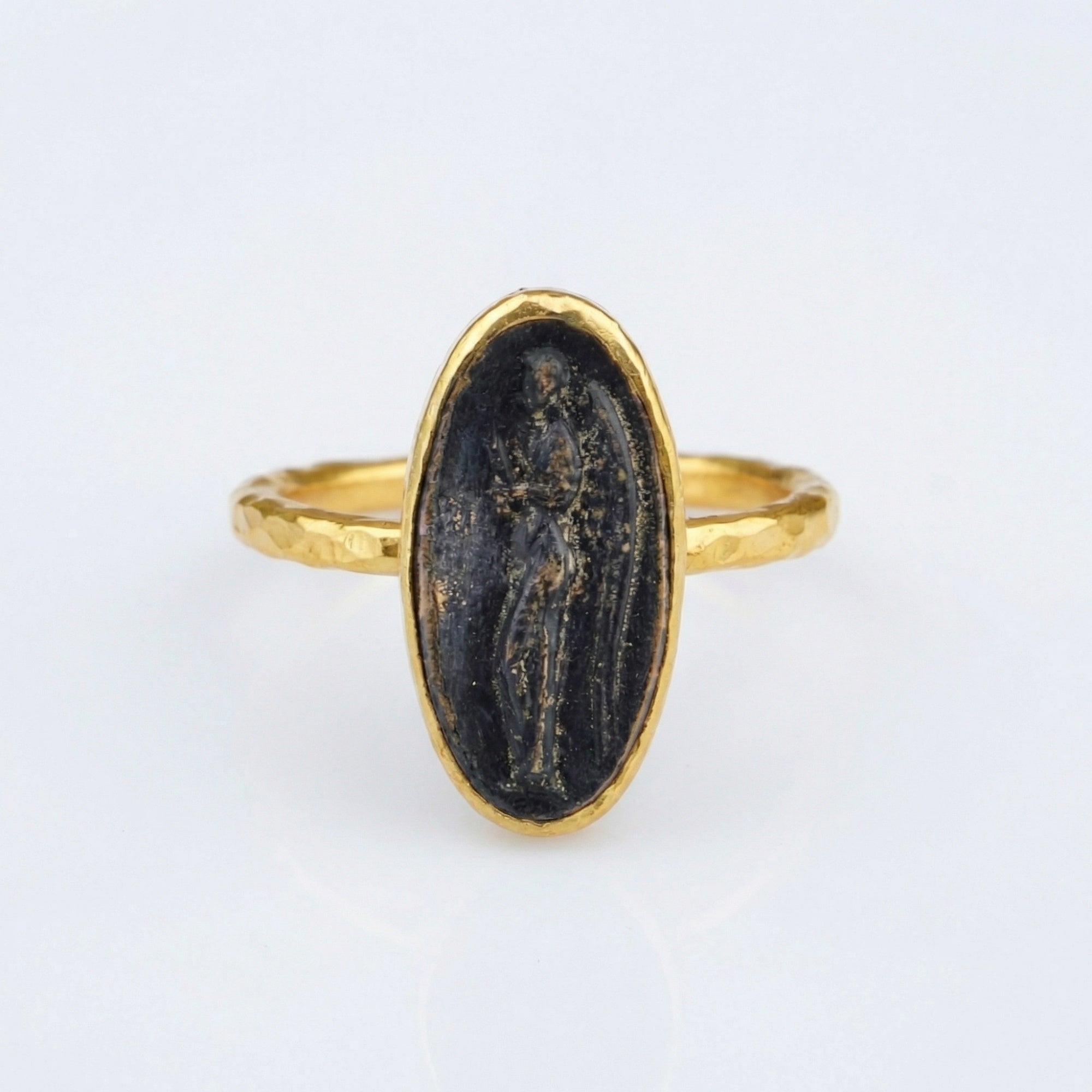 Handcrafted gold angel coin ring with guardian motif, 925 sterling silver, Turkish artisan jewelry by Sultan