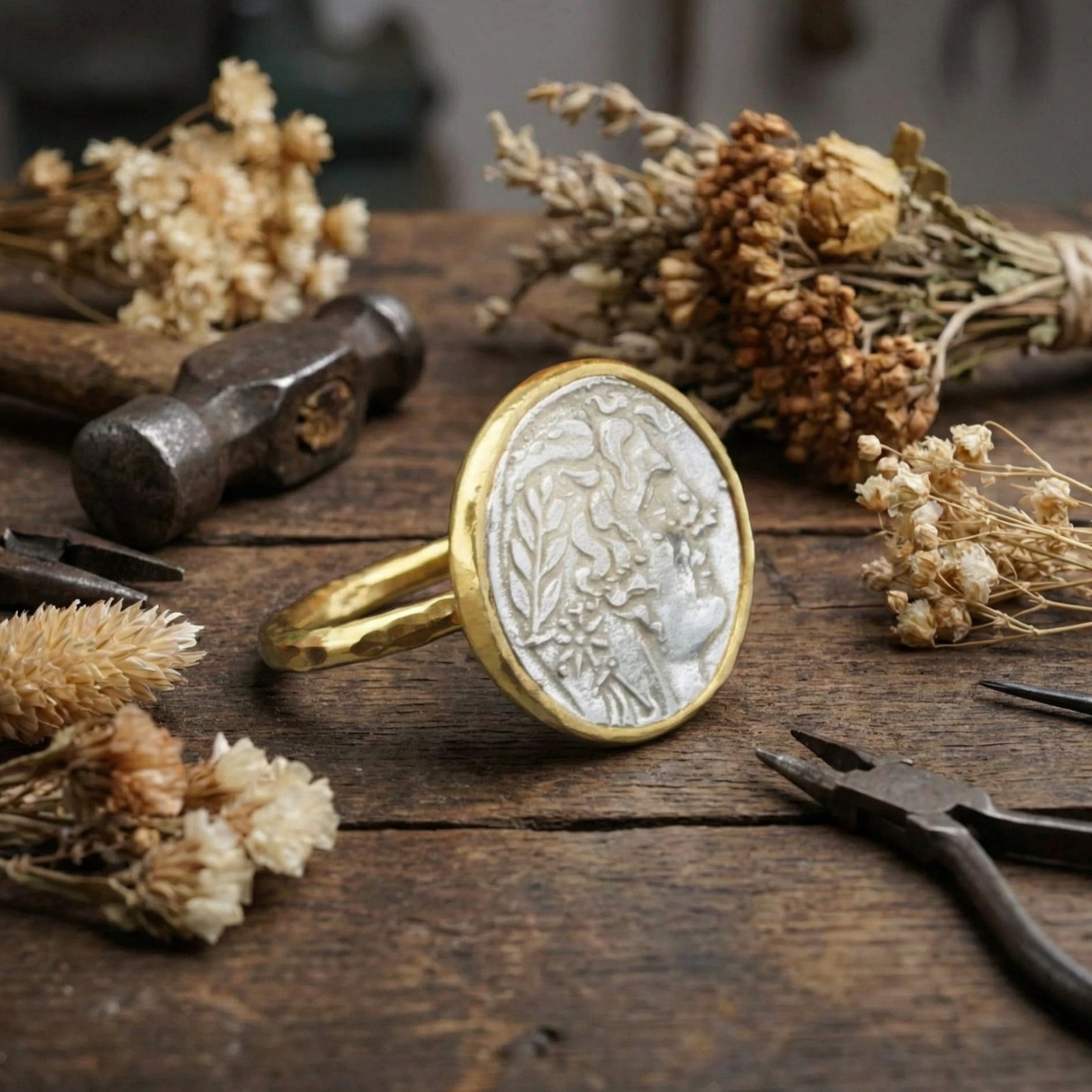 Designer Alexander the Great coin ring detail showing 925 silver craftsmanship, unique artisan design