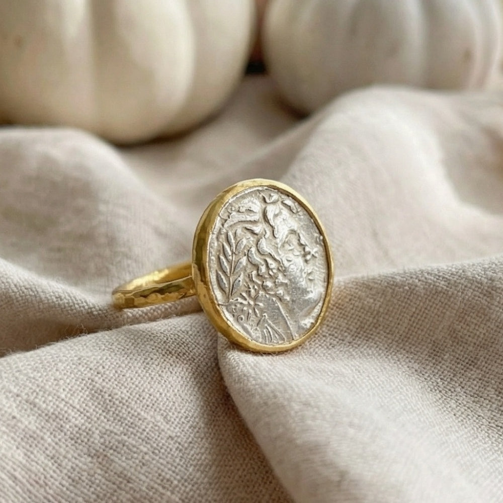 Silver Alexander the Great coin ring on hand, 925 sterling silver, timeless Turkish jewelry by designer Sultan