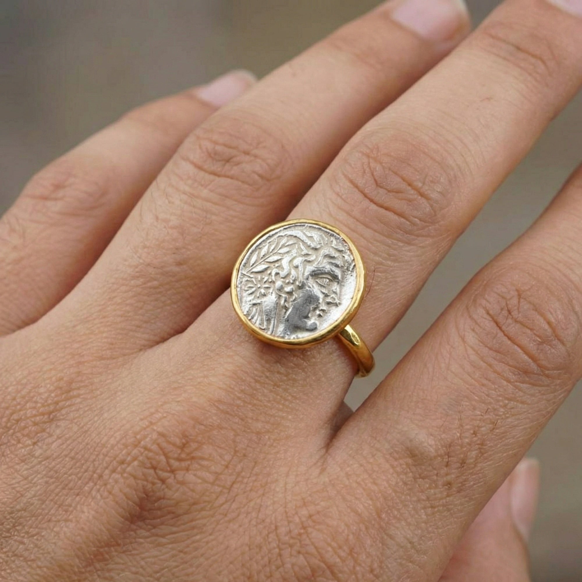  Ancient Anatolian-inspired Alexander ring with coin detail, symbol of power and legacy, handmade in Bodrum
