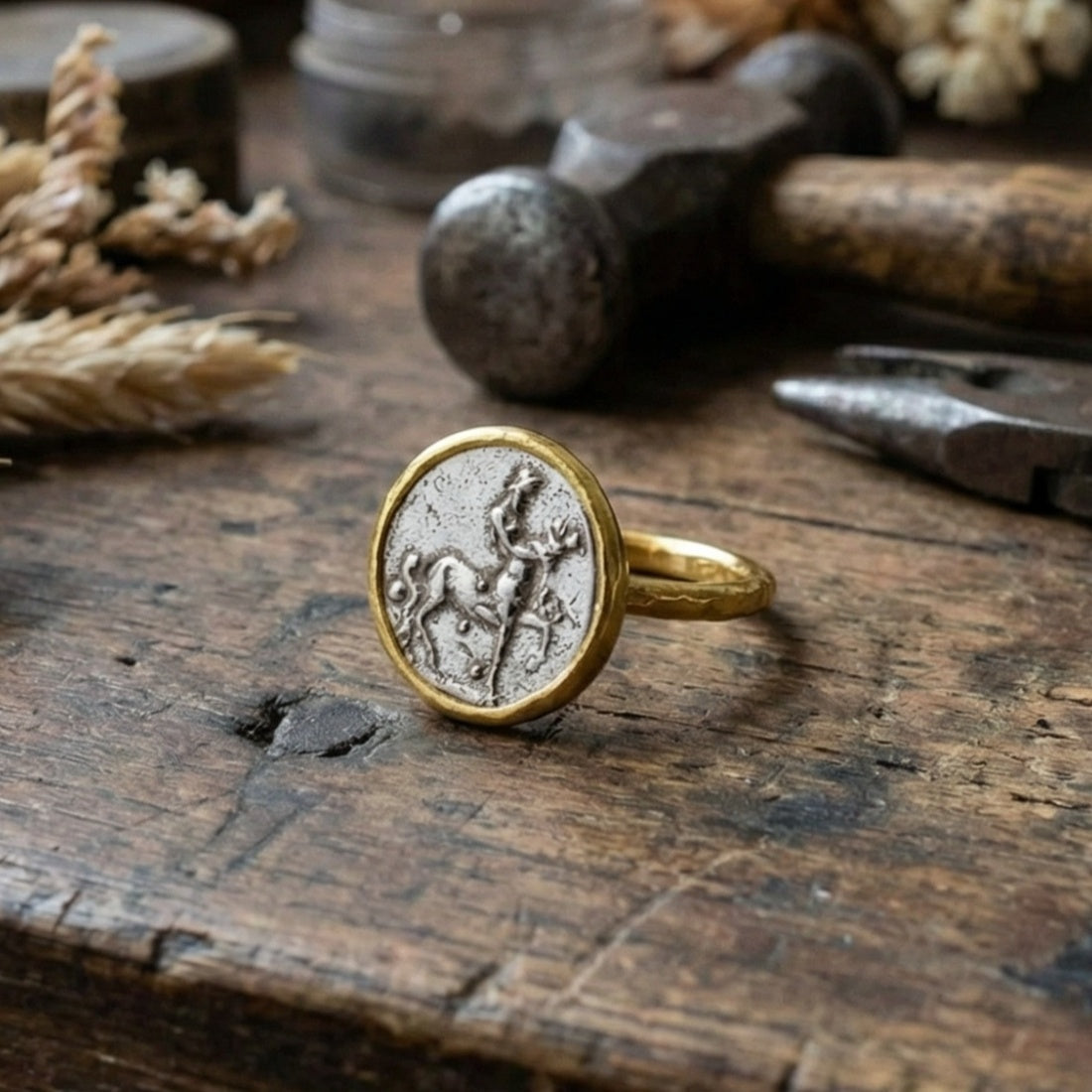 Designer Centaur coin ring detail showing 925 silver craftsmanship, unique artisan design