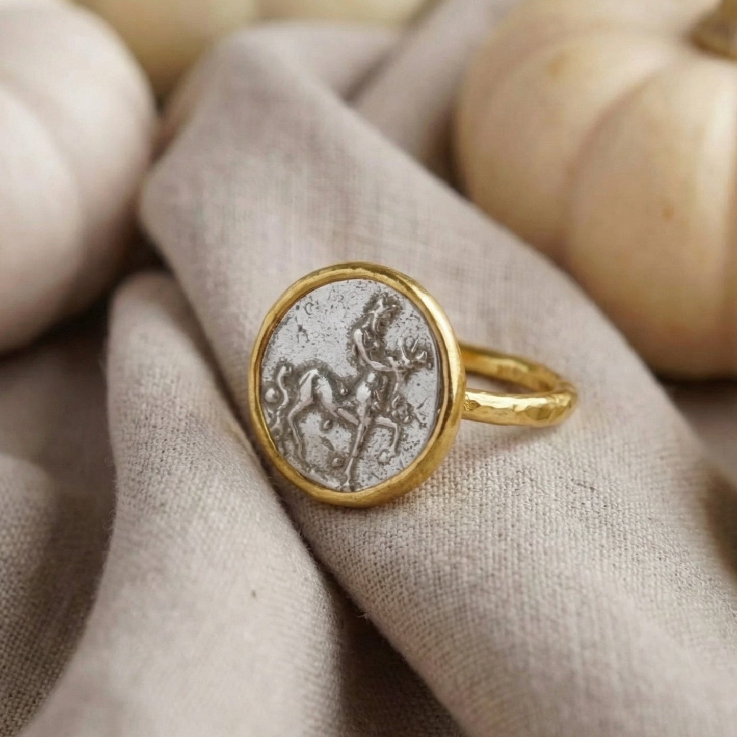 Silver Centaur coin ring on hand, 925 sterling silver, timeless Turkish jewelry by designer Sultan