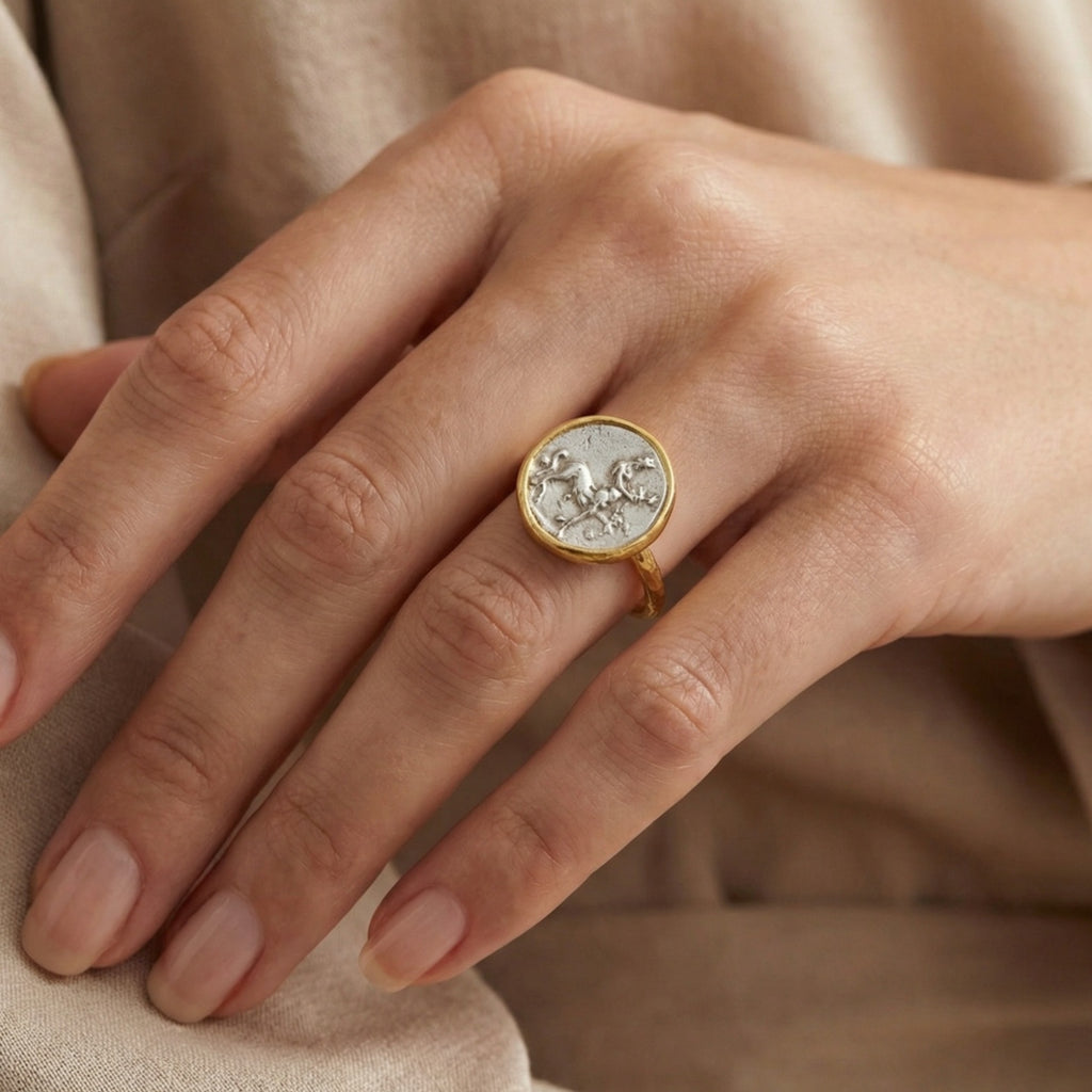  Ancient Roman-inspired Centaur ring with coin detail, symbol of strength and wisdom, handmade in Bodrum