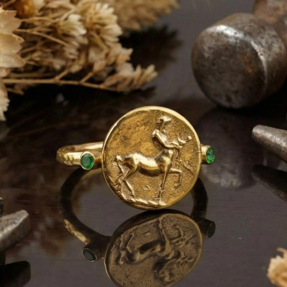 925 sterling silver centaur ring, gold plating, authentic Turkish craftsmanship
