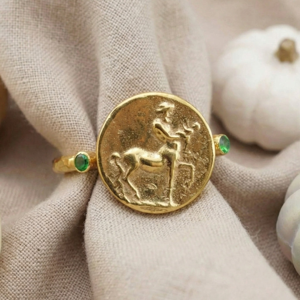 Designer centaur coin ring, gold plated 925 silver, handcrafted statement jewelry by Turkish artisan
