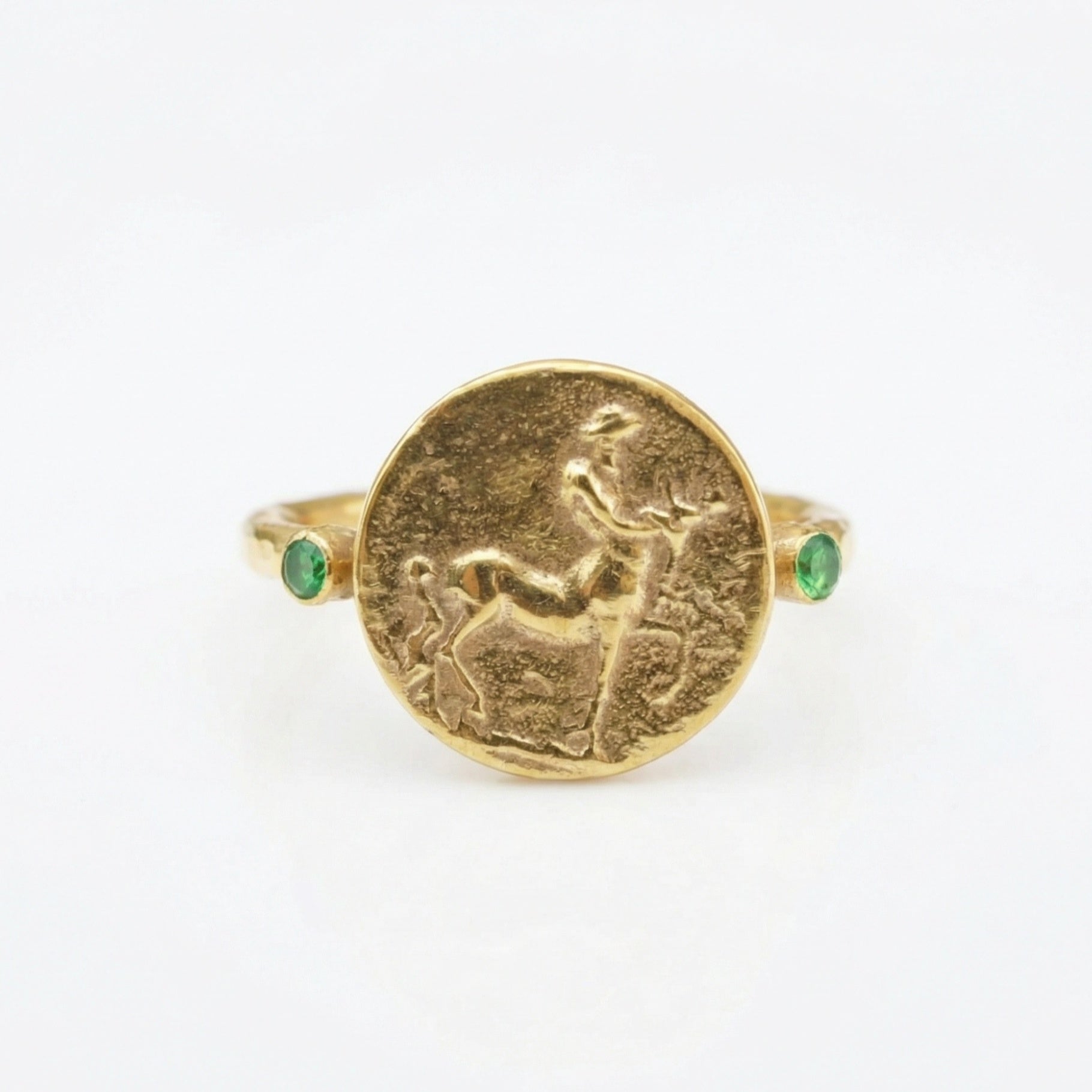 Handmade gold plated centaur coin ring by Sultan, 925 sterling silver with ancient design, Bodrum artisan jewelry
