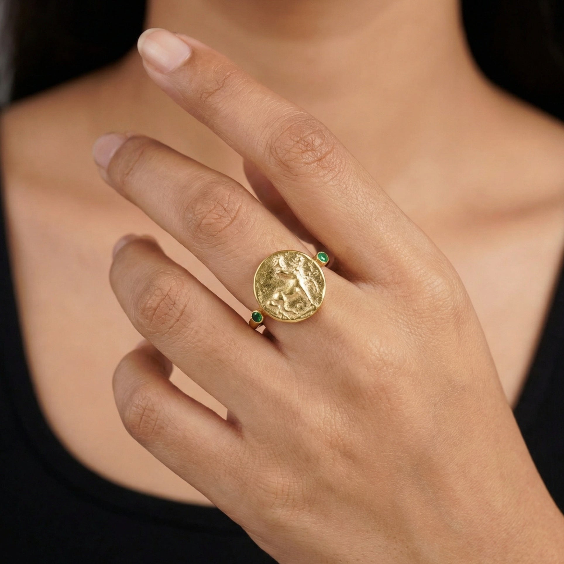 Centaur coin ring detail by Sultan, 925 silver, Bodrum artisan craftsmanship, symbol of strength

